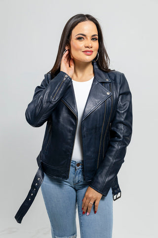 Chloe womens Fashion Leather Jacket Navy Blue Chloe womens Fashion Leather Jacket Navy Blue