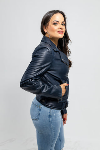 Chloe womens Fashion Leather Jacket Navy Blue Chloe womens Fashion Leather Jacket Navy Blue