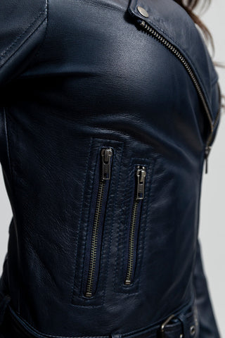 Chloe womens Fashion Leather Jacket Navy Blue Chloe womens Fashion Leather Jacket Navy Blue