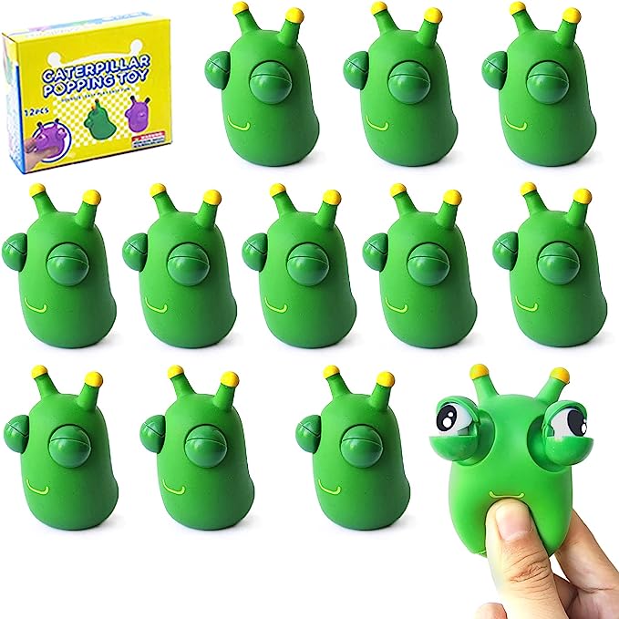 12PCS Funny Grass Worm Pinch Toy, Green Eye Bouncing Worm Squeeze Toy, Novelty Fun Squeeze Stress Relief Toys For Adults Kids Gift Cool Gadgets