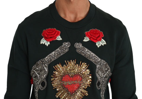 Dolce & Gabbana Emerald Cotton Sweater with Crystal Embroidery