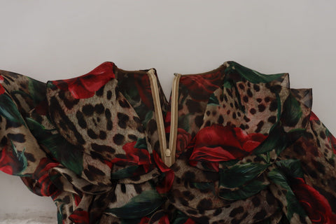 Dolce & Gabbana Silk Leopard Print & Red Roses Dress