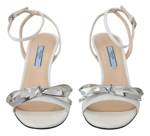 Prada Elegant Silver-White Leather Strap Heels