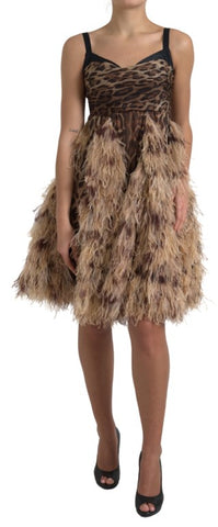 Dolce & Gabbana Sleeveless Leopard Chiffon Ostrich-Feather Dress
