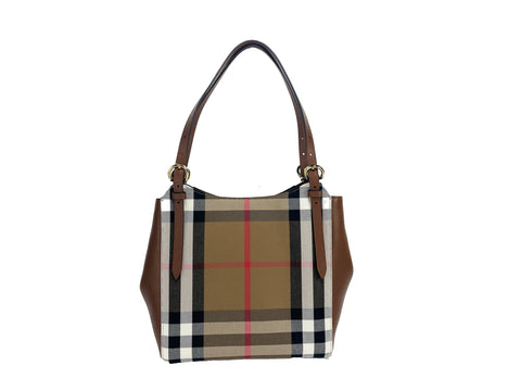 Burberry Small Canterby Tan Leather Check Canvas Tote Bag Purse