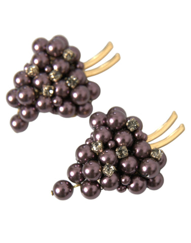 Dolce & Gabbana Purple Grape Pearl Sicily Gold Brass Floral Clip On Earrings