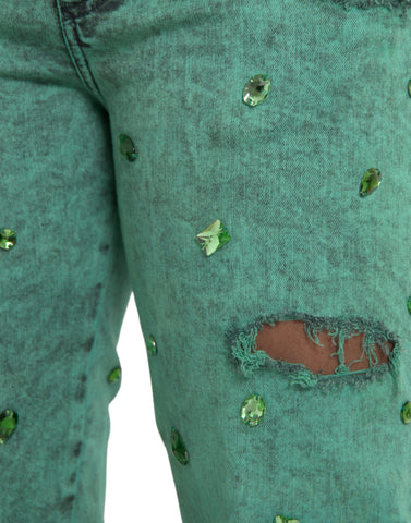 Dolce & Gabbana Green Crystals Cotton Stretch Slim Jeans