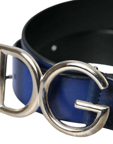 Dolce & Gabbana Blue Leather Silver Metal Logo Buckle Belt Men