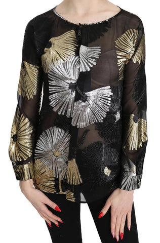 Dsquared² Gold Silver Silk Jacquard See Through Top Blouse