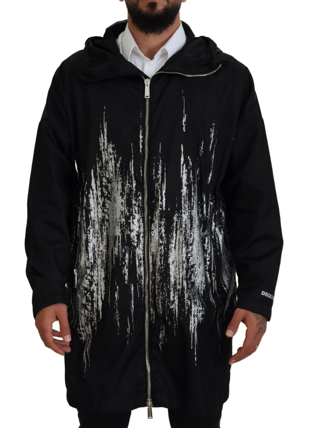 Dsquared² Black White Print Long Hooded Coat Nylon Jacket