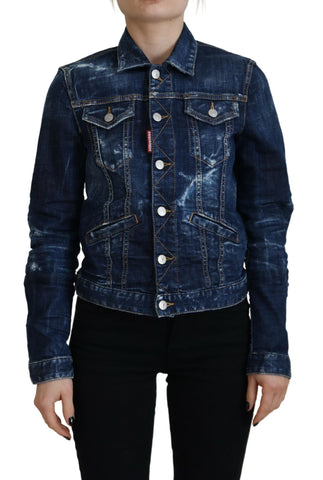 Dsquared² Blue Icon Printed Distressed Denim Jacket