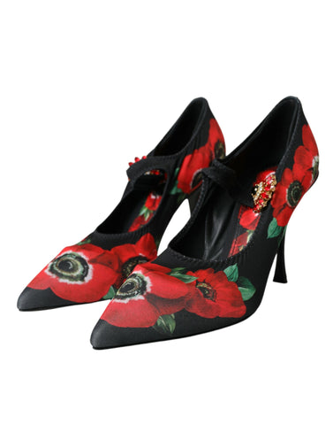 Dolce & Gabbana Black Floral Crystal Mary Jane Pumps Shoes