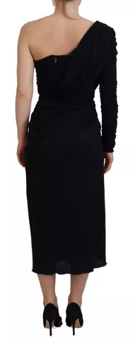 Dolce & Gabbana Black Wrap Sheath One Shoulder Wool Dress