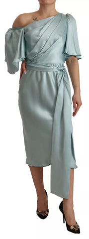 Dolce & Gabbana Silk Mint Green Fit Cut One Shoulder Midi Dress