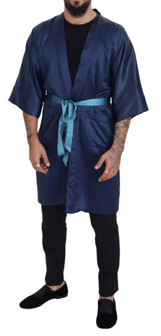 Dolce & Gabbana Blue Satin Silk Waist Belt Robe Jacket
