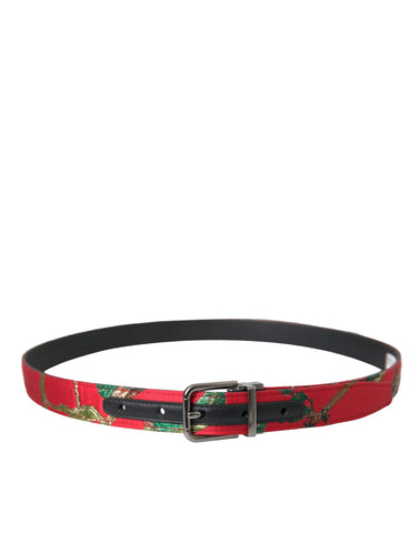 Dolce & Gabbana Red Leather Jacquard Silver Metal Buckle Belt