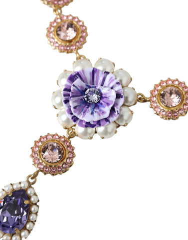 Dolce & Gabbana Gold Brass Crystal Purple Pink Pearl Pendants Necklace