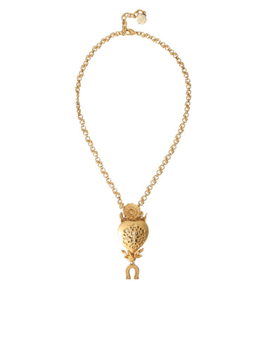 Dolce & Gabbana Gold Brass Chain Sacred Heart Crystal Charm Necklace