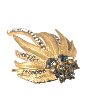 Dolce & Gabbana Gold Brass Leaf Crystal Embellished Brooch Pin