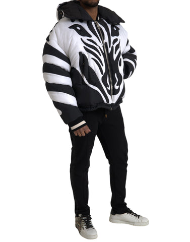 Dolce & Gabbana Black White Stripes Hooded Puffer Jacket