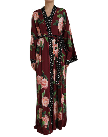 Dolce & Gabbana Bordeaux Floral Maxi Kaftan Crepe Robe Dress