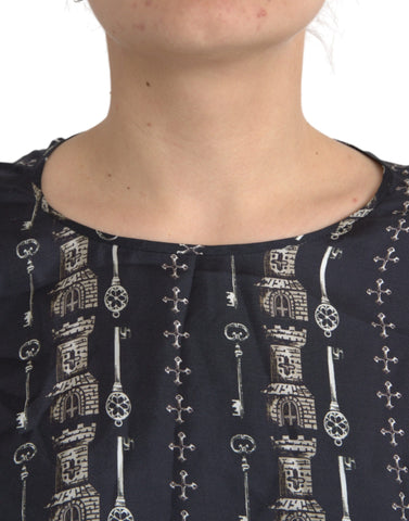 Dolce & Gabbana Black Key Castle Print Silk Blouse T-shirt