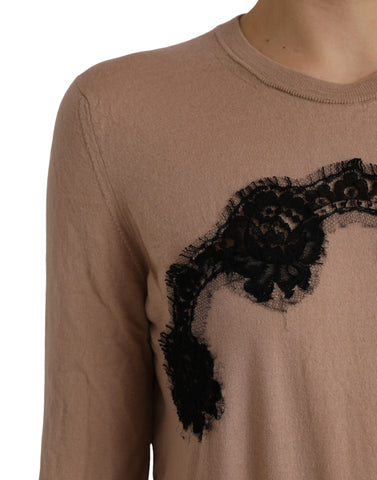 Dolce & Gabbana Brown Wool Black Lace 3/4 Sleeve Blouse Top