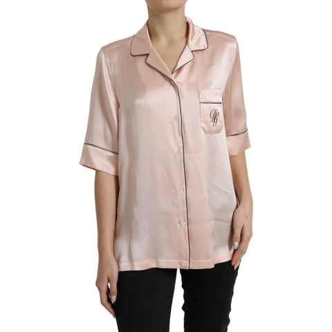 Dolce & Gabbana Pink Silk Long Sleeves Logo Pajama Blouse Top