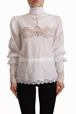 Dolce & Gabbana White Cotton Lace Trim Turtle Neck Blouse Top