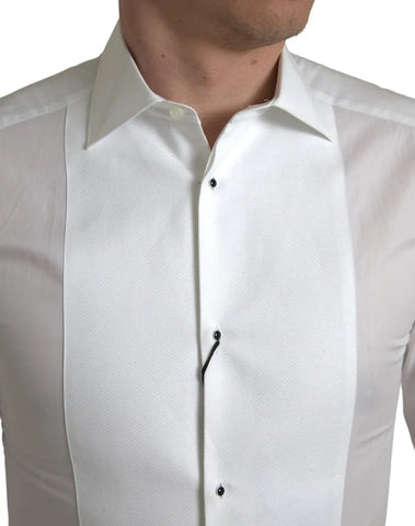 Dolce & Gabbana White Bib Cotton Poplin Men Formal GOLD Shirt