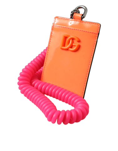 Dolce & Gabbana Orange Pink Leather DG Logo Neck Strap Card Holder Wallet