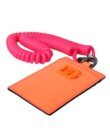 Dolce & Gabbana Orange Pink Leather DG Logo Neck Strap Card Holder Wallet