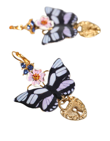 Dolce & Gabbana Gold Purple Crystal Butterfly Heart Locket Earrings