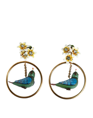 Dolce & Gabbana Gold Tone Brass Crystal Bird-in-Hoop Statement Earrings