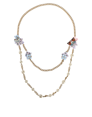 Dolce & Gabbana Gold Chain Brass Floral Layered Crystal Pearl Necklace