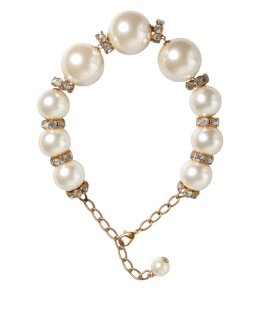 Dolce & Gabbana White Maxi Faux Pearl Beads Crystals Gold Chain Necklace