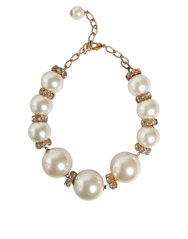 Dolce & Gabbana White Maxi Faux Pearl Beads Crystals Gold Chain Necklace