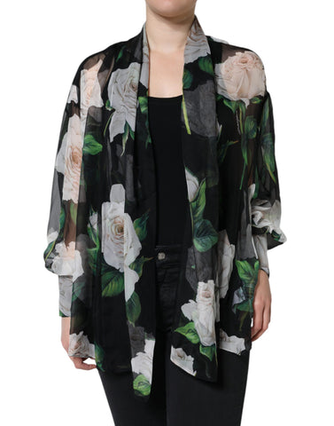 Dolce & Gabbana Black Floral Print Silk Cardigan Blouse Top