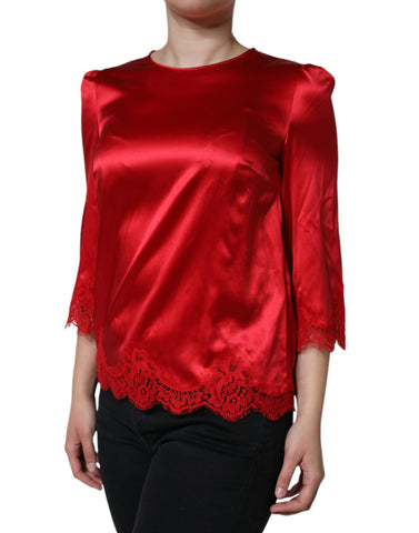 Dolce & Gabbana Red Satin Lace Trim Round Neck Blouse Top