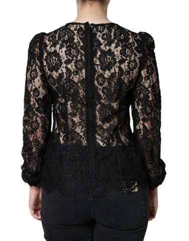 Dolce & Gabbana Black Floral Lace See Through Long Sleeve Top