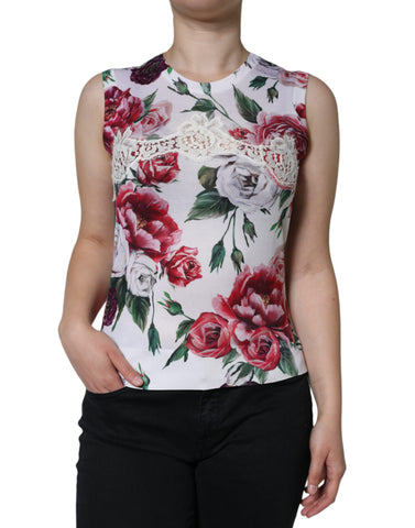 Dolce & Gabbana White Floral Lace Silk Sleeveless Tank Top