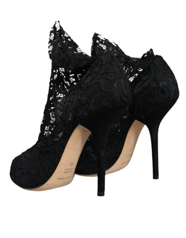 Dolce & Gabbana Black Stretch Taormina Lace Boots Shoes