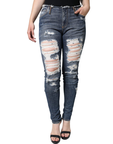 Dolce & Gabbana Blue Cotton Stretch Tattered Skinny Jeans