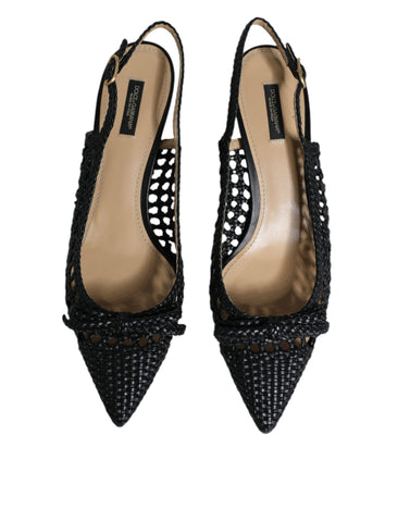 Dolce & Gabbana Black Leather Woven Heels Slingback Shoes