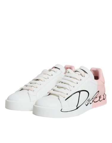 Dolce & Gabbana White Pink Portofino Low Top Sneakers Shoes