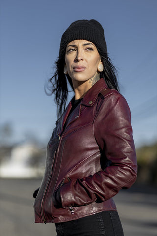 Harper Womens Moto Leather Jacket (Sangria)