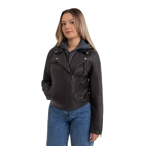 Camilla Women's Asymmetric Zipper Leather Jacket with Hoodie