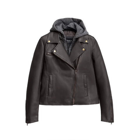 Camilla Women's Asymmetric Zipper Leather Jacket with Hoodie