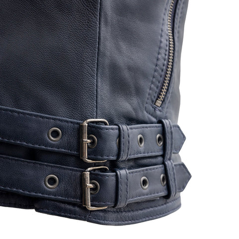 Queens Womens Fashion Leather Jacket Navy Blue