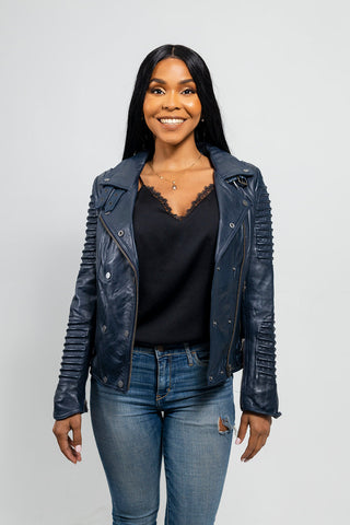 Queens Womens Fashion Leather Jacket Navy Blue